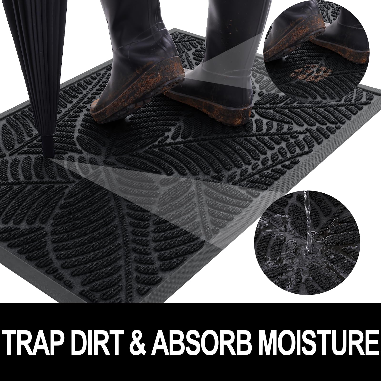 Colorxy Waterproof Doormat, Sturdy Natural Rubber Front Indoor/Outdoor Mat, Non-Slip Low Profile, Stain And Fade Resistant, Easy Clean Patio Entrance, 30''X17'', Black